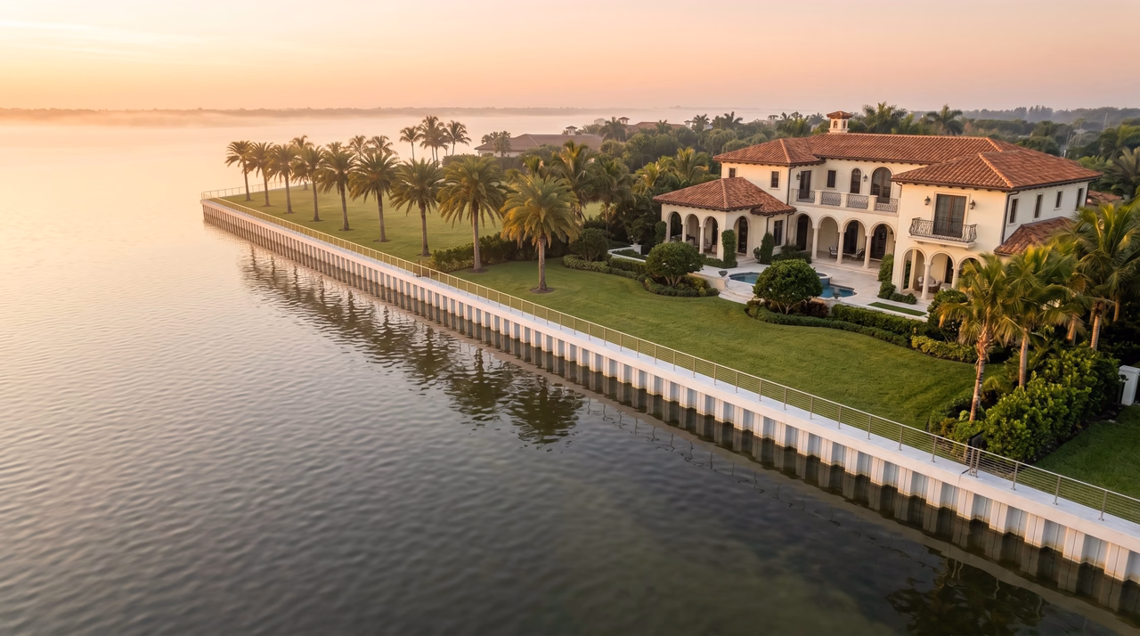 Aerial view of a vinyl sheet-pile seawall fronting a Mediterranean Revival estate with a date-palm allée along the Indian River Lagoon, Vero Beach Florida