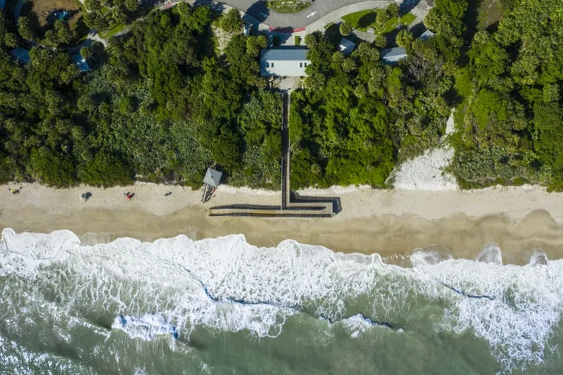 Aerial view of a commercial dock system on the Indian River Lagoon
